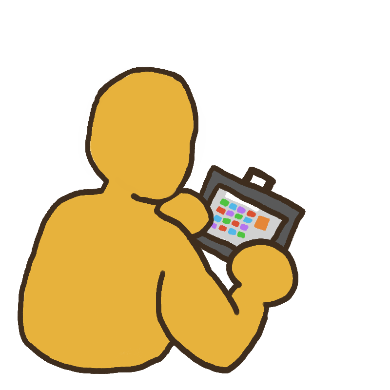 a yellow person holding an AAC device, facing away from the viewer.